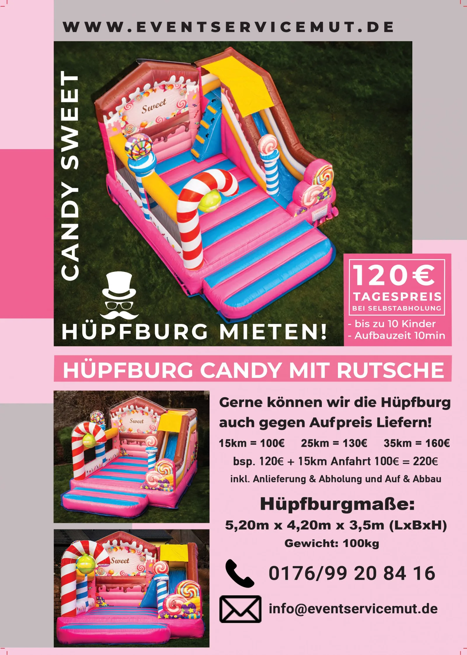 Candy Hüpfburg Flyer mit Preis und Details